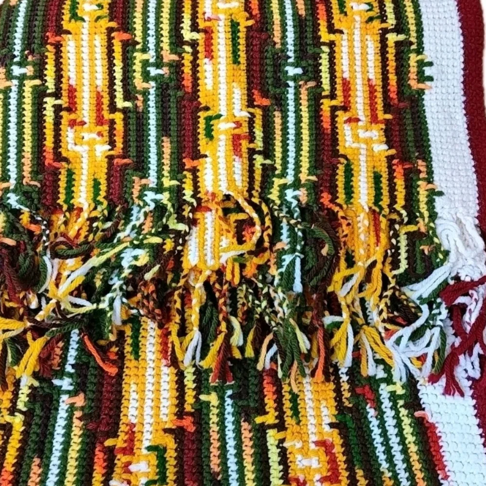 Retro 70s Fringed Crochet Blanket Scarf Wrap Shawl Handmade Lap Throw Fall 36/72